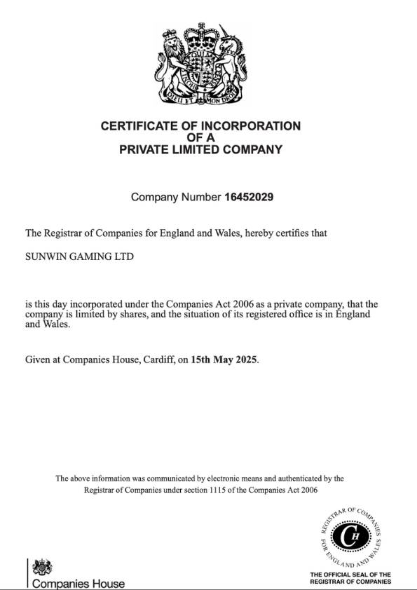 Giấy chứng Sunwin của The Companies House